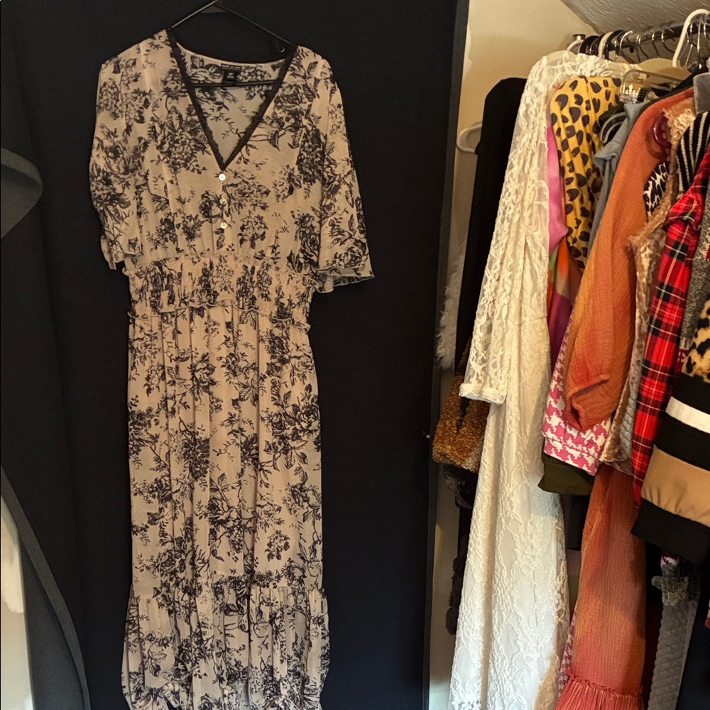 Beige Floral V-Neck Maxi Dress with Black Print